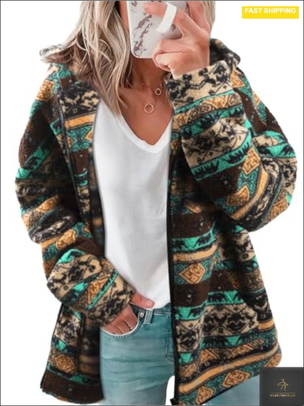 Women's Aztec Print Zip Up Hooded Sherpa Fleece Sweatshirt Jacket with Pocket
